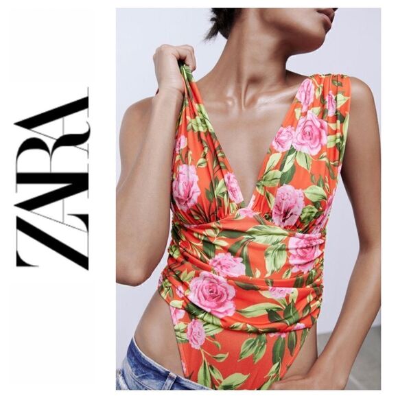 NWT Zara Printed Draped Bodysuit, Size Small - Picture 1 of 15
